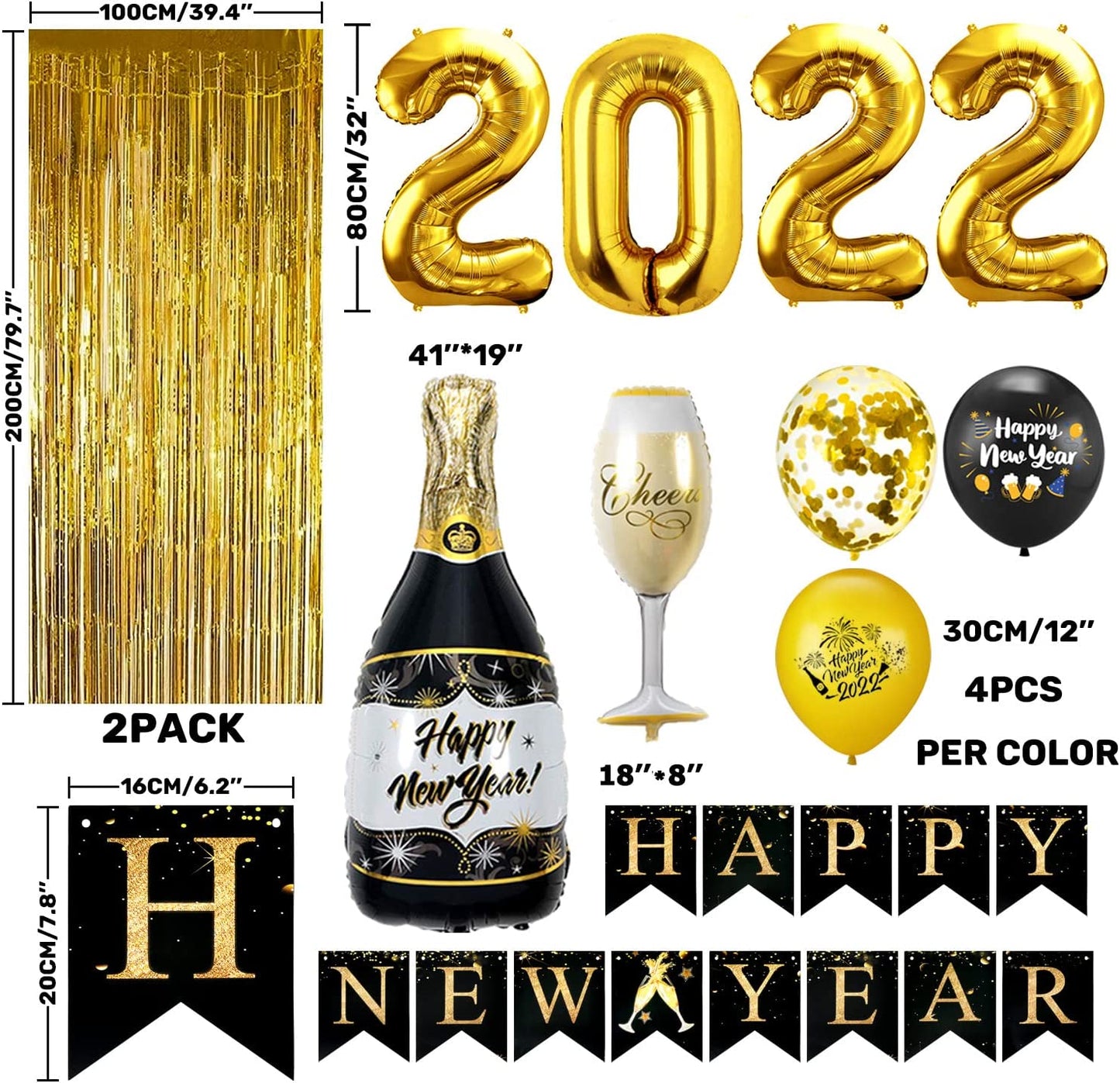iZoeL New Years Eve Party Decorations 2022, Black Gold Happy New Year Banner, XXL 2022 Balloons, Gold Fringe Curtain, Bottle Champagne Balloons for Happy New Year Decorations