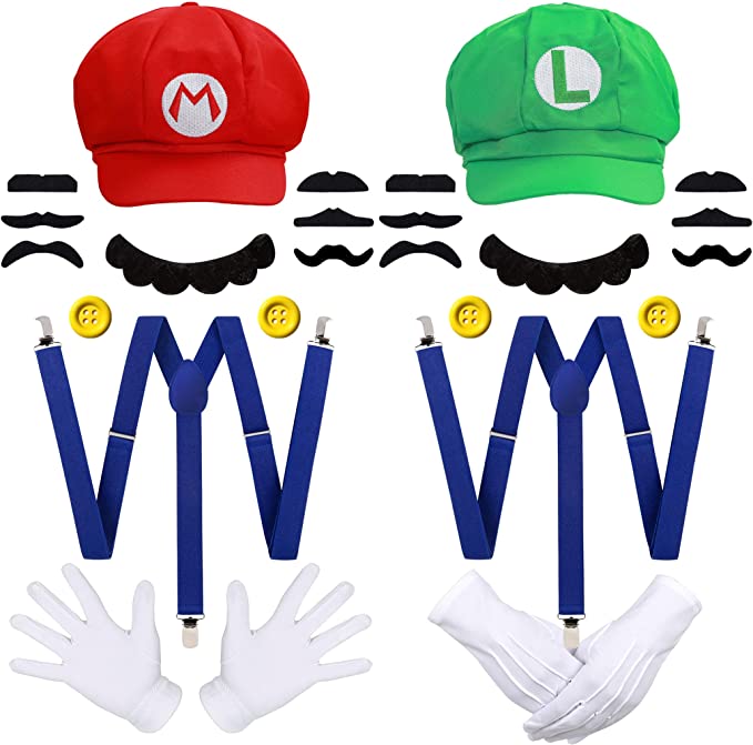 iZoeL Super Mario Bros Mario and Luigi Hats Caps Mustaches Gloves Buttons Suspenders Cosplay Costume for Halloween Costumes Women Men Kid Halloween Outfits Carnival Costume