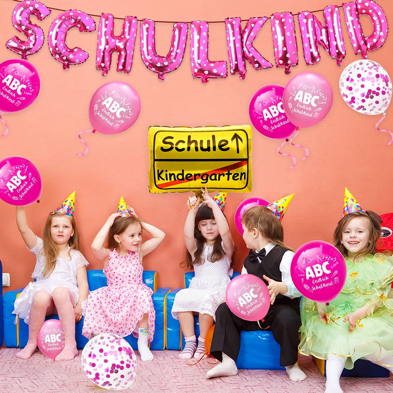 iZoeL Decorative First Day of School Girl Pink School Child Garlands Foil Balloon + First Day of School Decoration Foil Balloon + 15 Red Balloons School Introduction + Balloon Ribbons