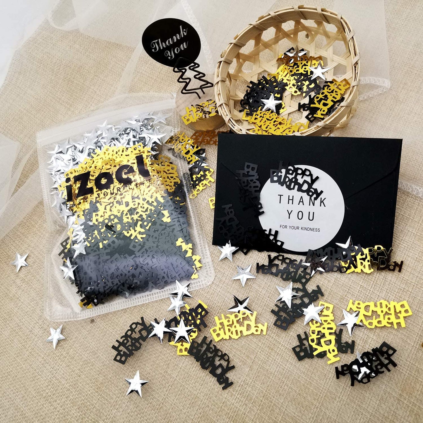 iZoeL Table Confetti Bag 30g incl. Gold Happy Birthday Confetti (120pcs) Black Happy Birthday Confetti (120pcs) Silver Star Confetti Sequin(350pcs) for Boys Girls Birthday Party Decoration