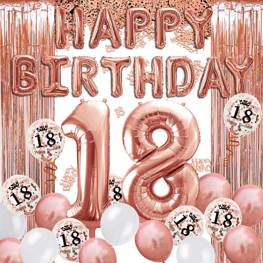 iZoeL 18th Rose Gold Birthday Party Decoration, Happy Birthday Banner, Helium Number Balloon 18 XXL, 2 Rose Gold Fringe Curtain, Latex Confetti Balloon, Table Confetti Girl Women