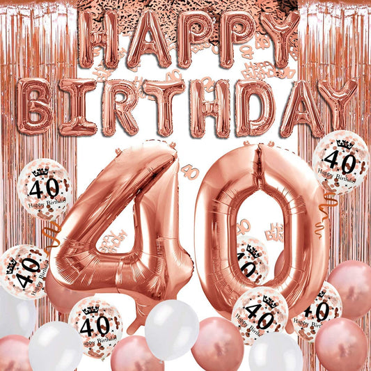 iZoeL 40th Rose Gold Birthday Party Decoration Happy Birthday Banner Helium Number 40 XXL 2 Rose Gold Fringe Curtain Latex Confetti Balloon Table Confetti Girl Women Anniversary
