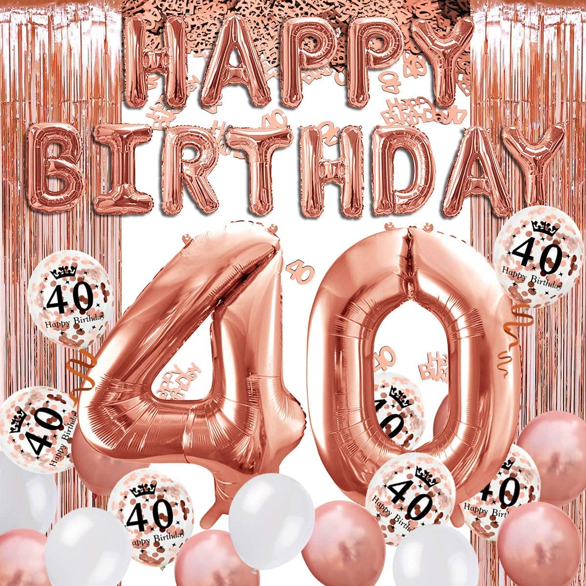 iZoeL 40th Rose Gold Birthday Party Decoration Happy Birthday Banner Helium Number Balloon 40 XXL 2 Rose Gold Fringe Curtain Latex Confetti Balloon Table Confetti Girl Women Anniversary