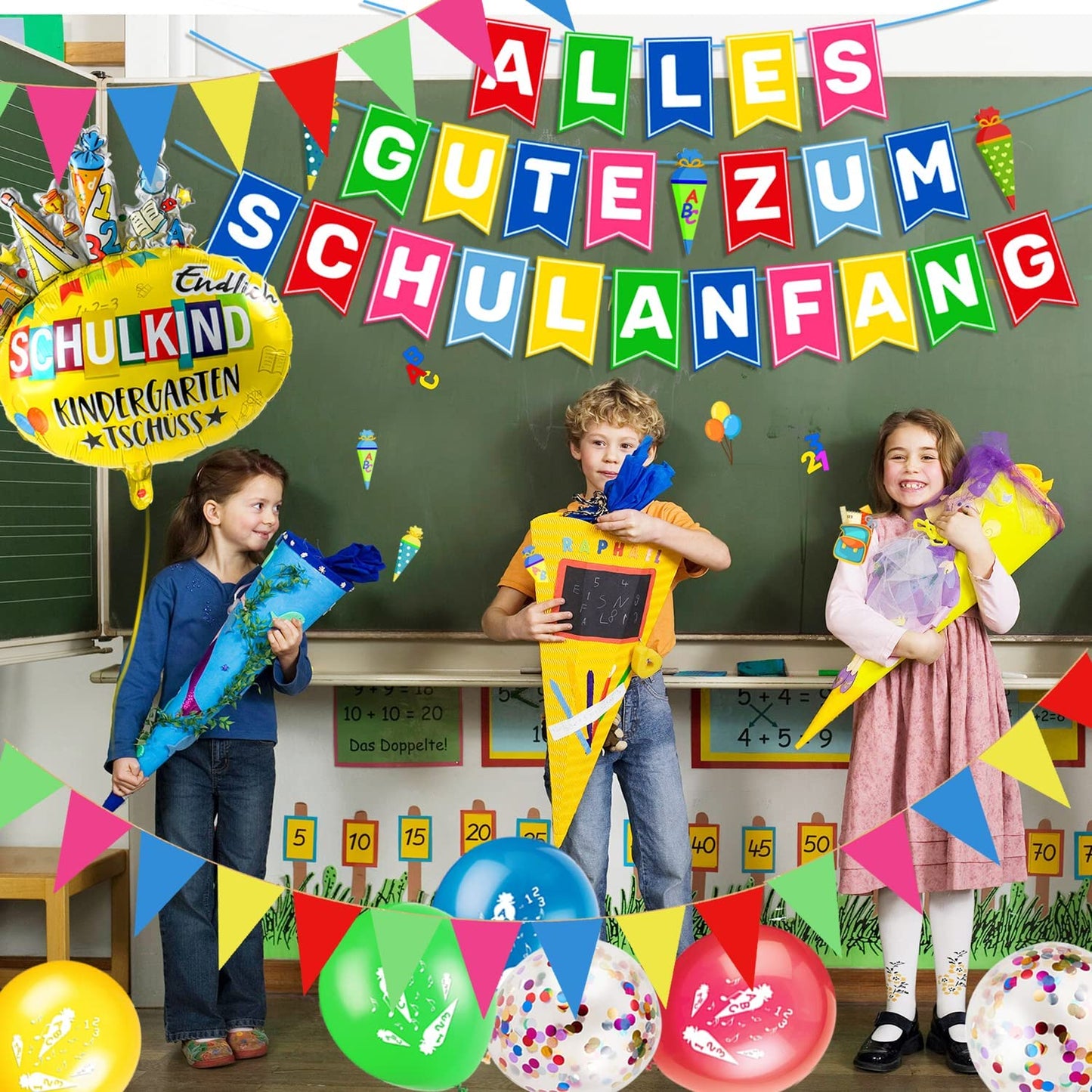 iZoeL Decorative First Day of School Boy Bunting "Alles Gute zum Schulanfang" Banner Foil Balloon Cake Decoration School Cone Craft Set Confetti Girls