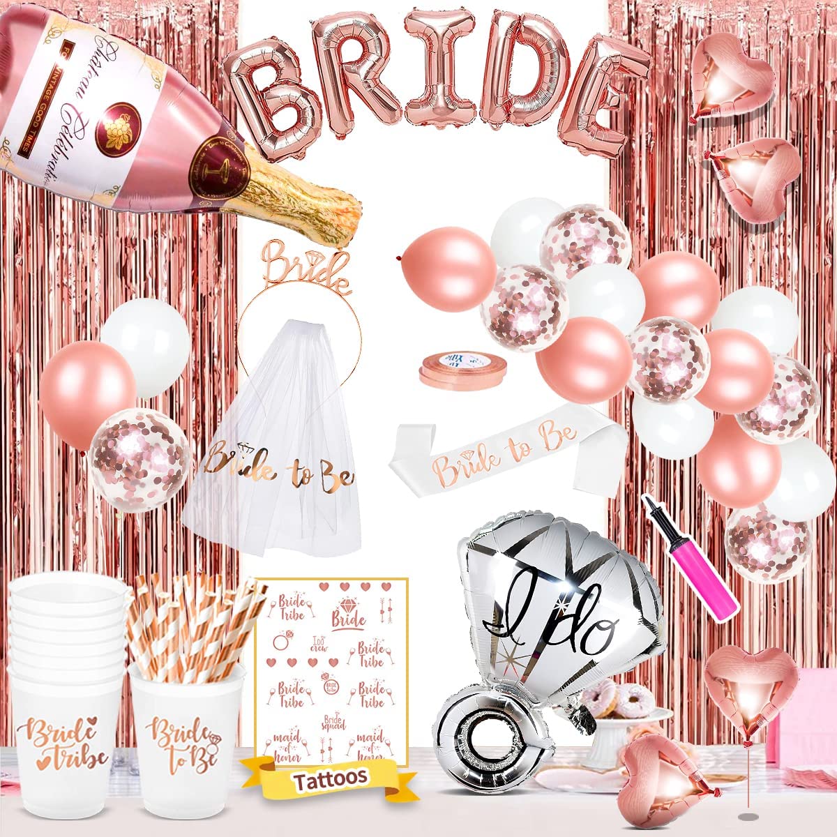 iZoeL Hen Party Accessories, Bride to Be Bride Cups straws, Sash, Veil, Tiara, Curtains, Champagne Ring, Cups, Straws, Tattoos, Tattoos Team Bride, Balloon Pump - Hen Do Decoration