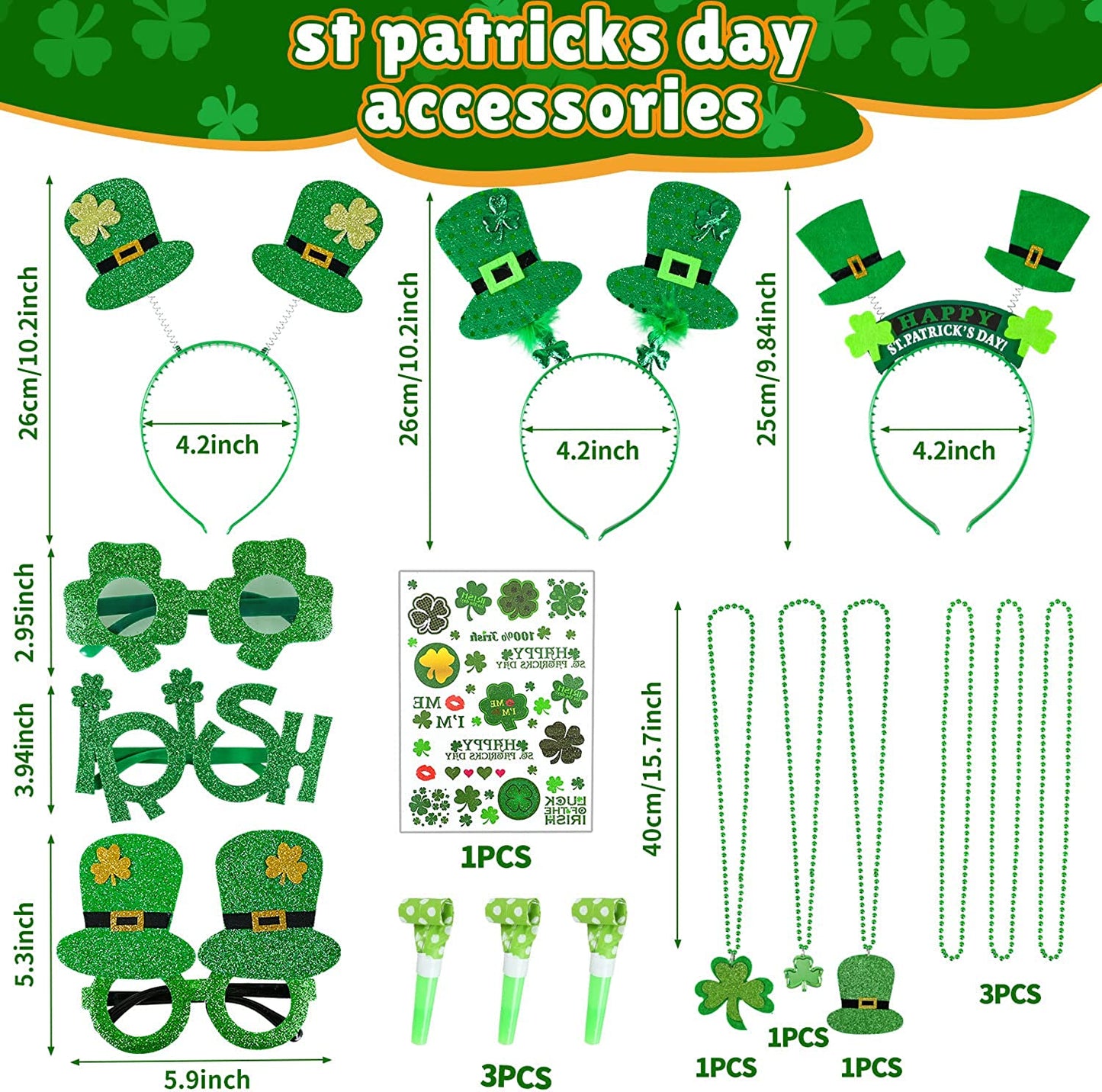 iZoeL St Patricks Day Accessories Women Girls Kids St Patricks Day Headband Shamrock Glasses Necklaces - Irish Fancy Dress Leprechaun Costume Outfits kids