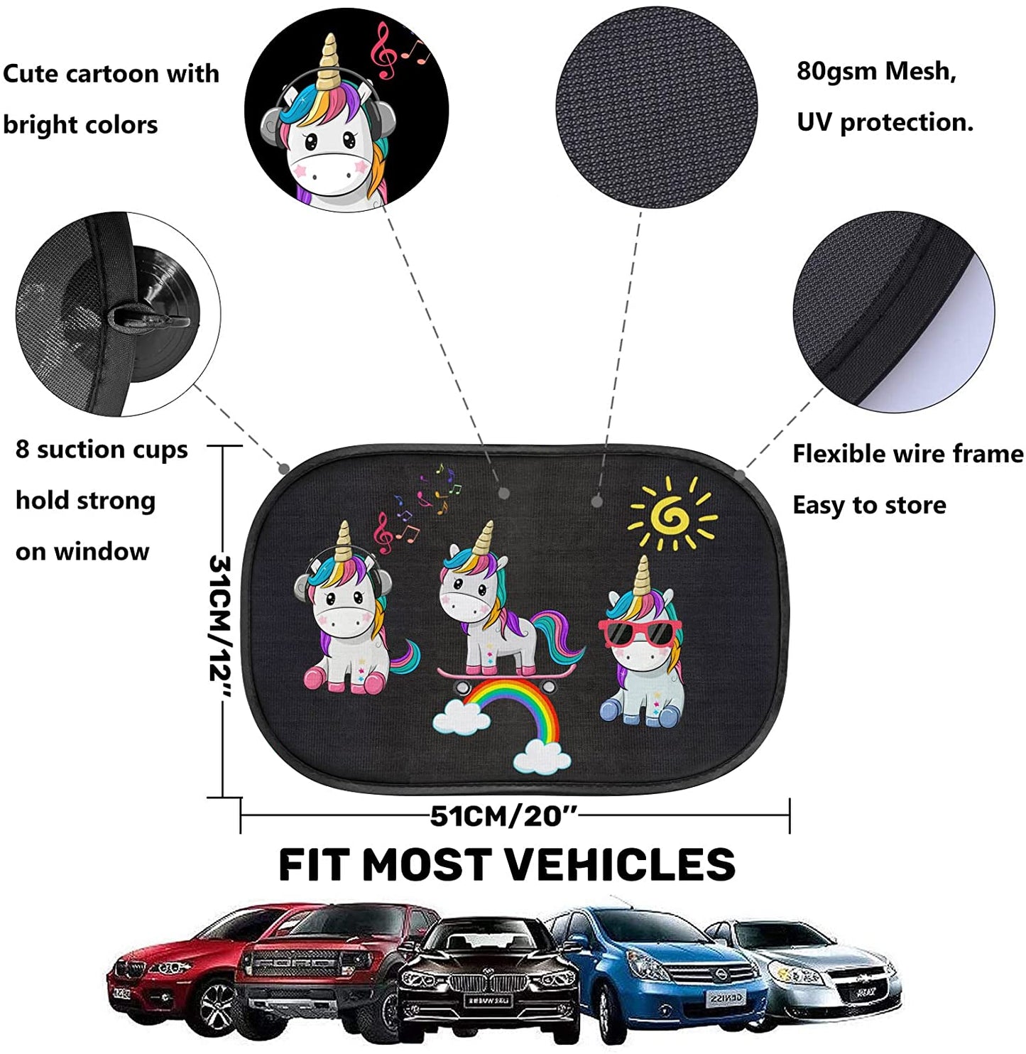 iZoeL Sonnenschutz Auto Baby mit UV Schutz, 2 Pack Sonnenblende Kinder mit 8 Saugnapf, Schatten Autofenster Seitenscheibe Motiv Tiere (Einhorn)