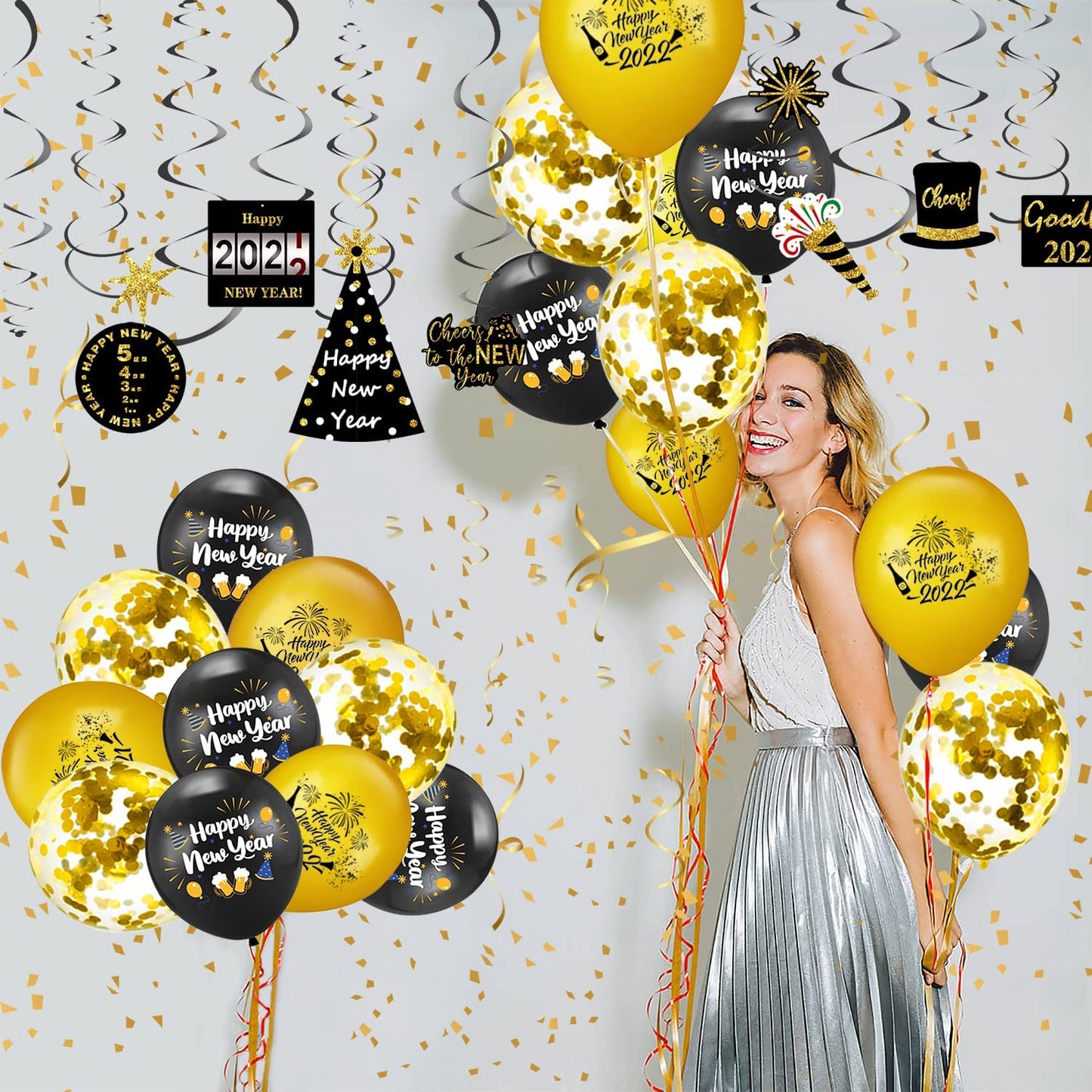 iZoeL New Years Eve Party Decorations 2022, 13pcs Black Gold Happy New Year Banner, 2022 Balloons, 10pcs Happy New Year Hanging Swirl, 16pcs Balloons for New Year Decorations