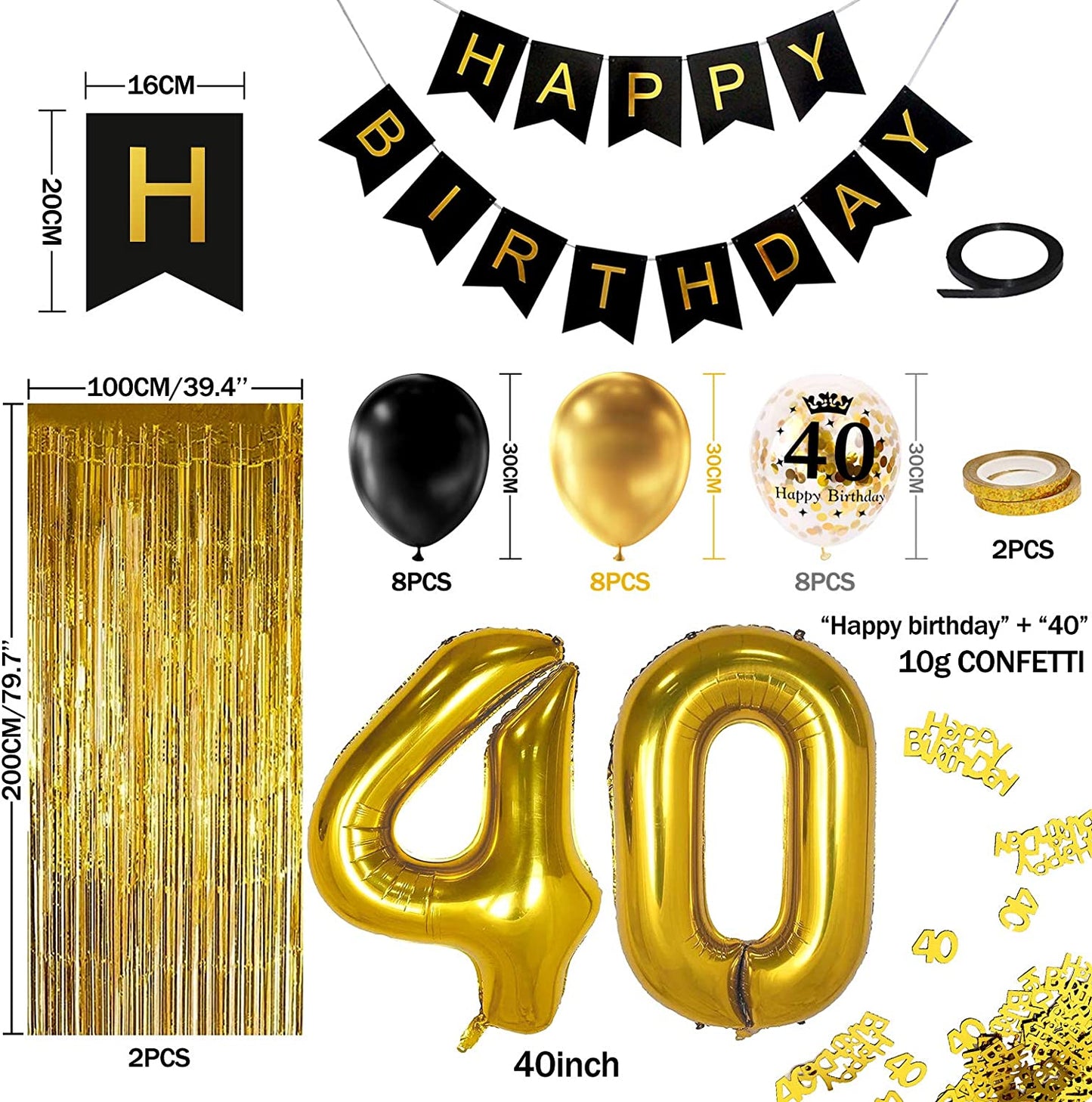 iZoeL 40th Black Gold Birthday Party Decoration, Happy Birthday Banner, Helium Number 40 XXL, 2 Gold Fringe Curtain, Latex Confetti Balloon, Table Confetti for Man Girl Women Anniversary