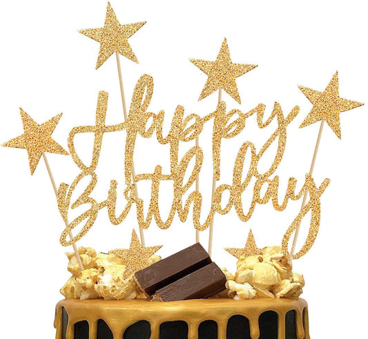 iZoeL 2 Sets Gold Cake Decoration Gold Cake Topper Happy Birthday Banner Confetti Balloon Stars Heart Cake Topper for Man Boys Women Girls Gold Theme Birthday Party Decor Hen Party