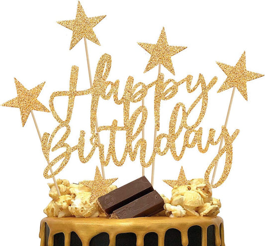 iZoeL 2 Sets Gold Cake Decoration Gold Cake Topper Happy Birthday Banner Confetti Balloon Stars Heart Cake Topper for Man Boys Women Girls Gold Theme Birthday Party Decor Hen Party