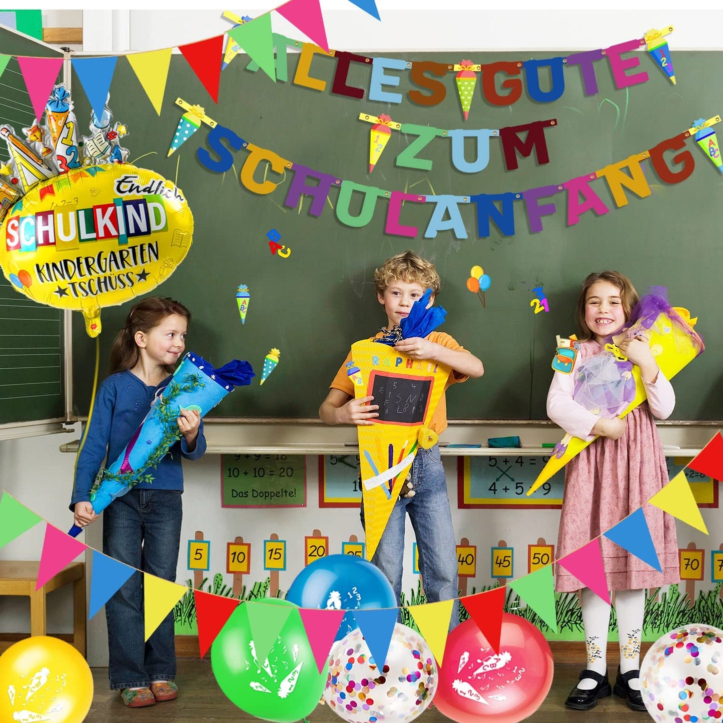 iZoeL Decorative First Day of School Boy Bunting "Alles Gute zum Schulanfang" Banner Foil Balloon Cake Decoration School Cone Craft Set Confetti Girls