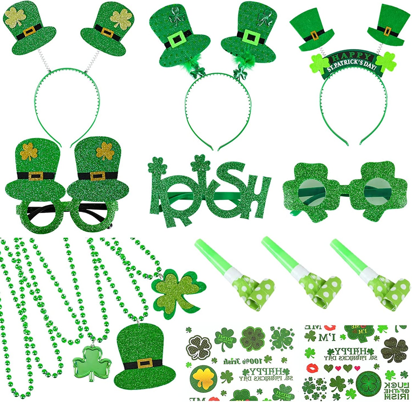 iZoeL St Patricks Day Accessories Women Girls Kids St Patricks Day Headband Shamrock Glasses Necklaces - Irish Fancy Dress Leprechaun Costume Outfits kids