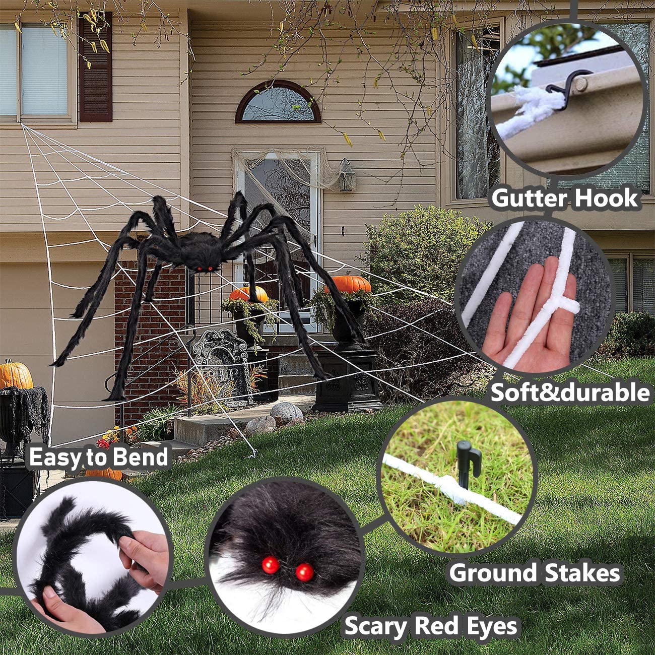 iZoeL Giant Spider 6.6ft - 200cm, Spider Web 23ft - 700cm, 30pcs Plastic Spiders, 40g Cobweb - Halloween Decorations Triangular Cobweb for Indoor Outdoor Home Yard Haunted House