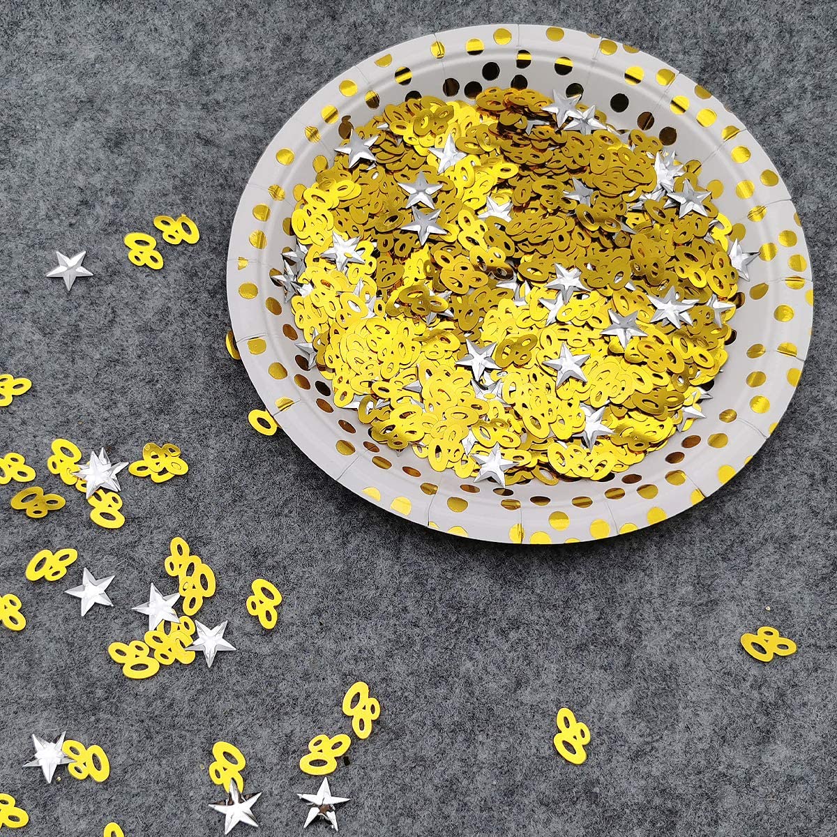 iZoeL 80 Gold Table Confetti Bag 30g incl. 80th Birthday Confetti (1000pcs) Silver Star Confetti Sequin(200pcs) for 80th Gold Birthday Party Wedding Anniversary Table Decoration (Gold, 80)
