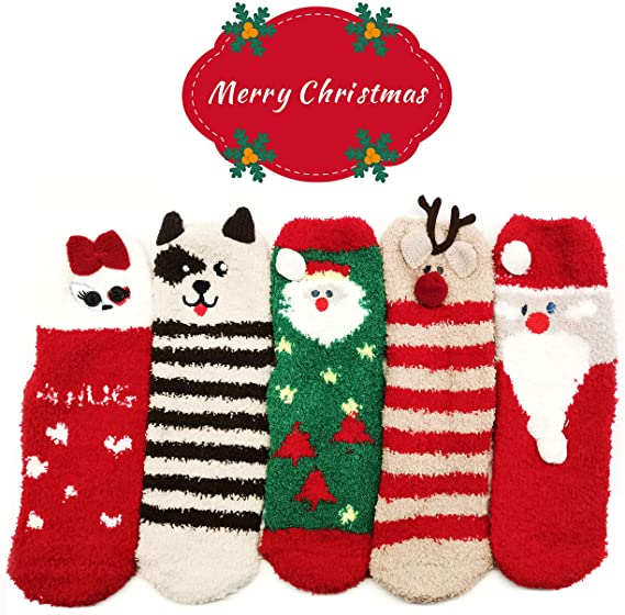 iZoeL 5 pairs Christmas Socks Fluffy Non Slip with Rubber Socks Novelty Funny House Socks Winter Socks Warm Socks Advent calendar Fillers New Year Gift for Women Kids Adults Kids