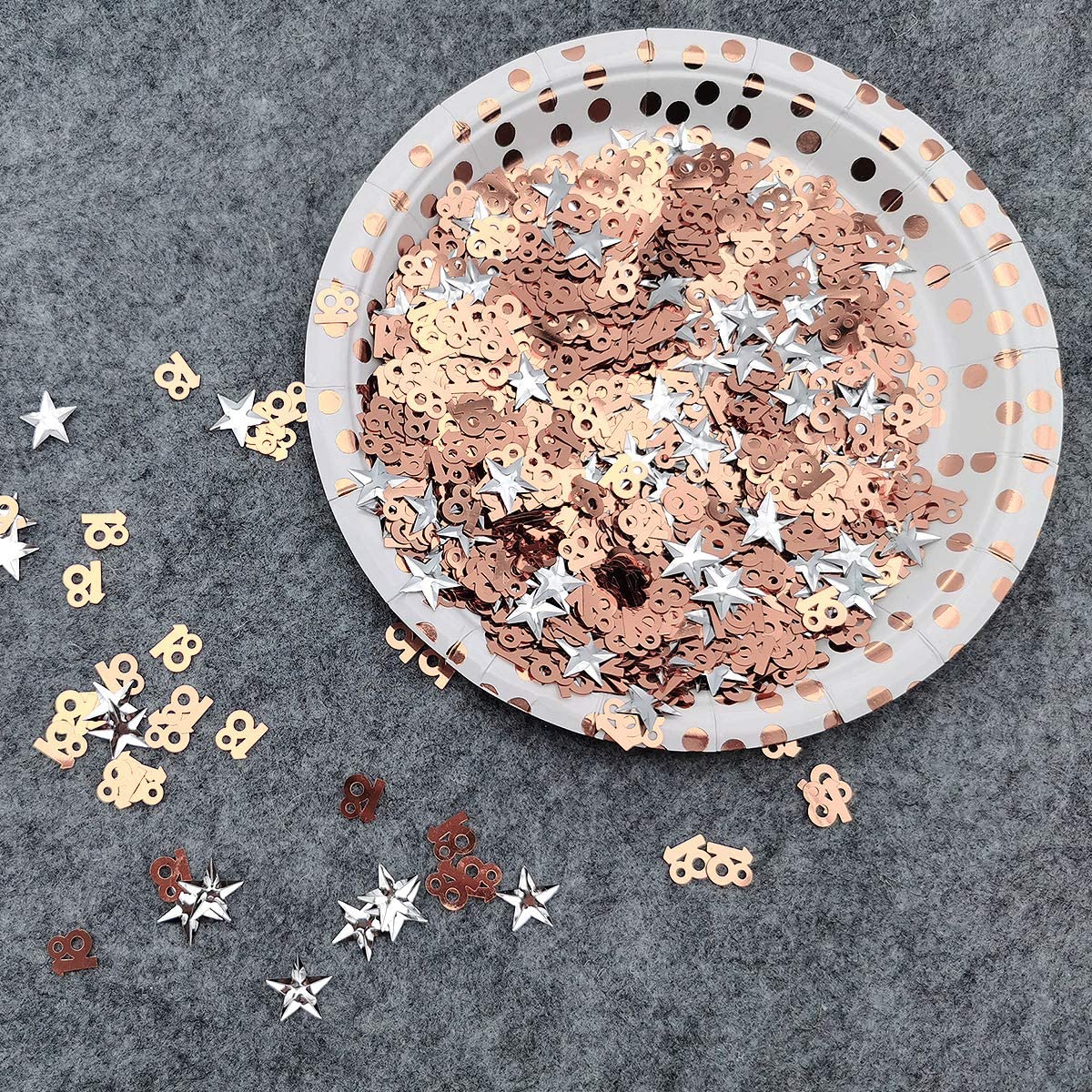 iZoeL 18th Rose Gold Table Confetti Bag 30g incl. 18th Birthday Confetti (1000pcs) Silver Star Confetti Sequin(200pcs) for 18th Birthday Party Wedding Anniversary Table Decoration (Rose Gold 18)
