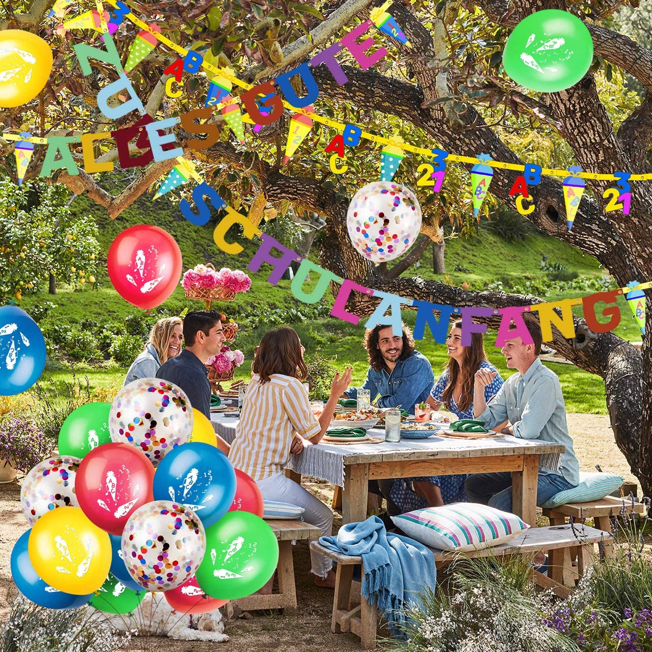 iZoeL Schuleinführung Schulanfang Einschulung Deko Alles Gute Zum Schulanfang Girlande + Schultüte Banner + 15 Luftballon + 123 ABC Konfetti für Junge Mädchen