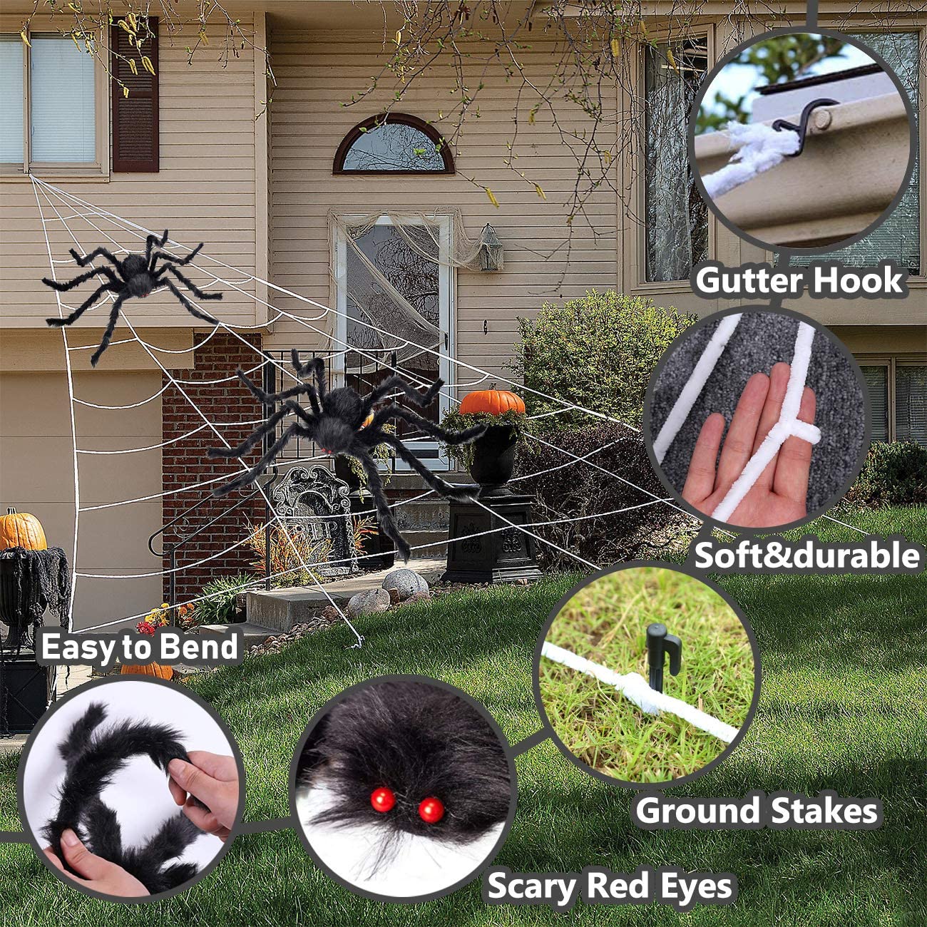 iZoeL 2pcs Giant Spider 75cm, Triangular Cobweb 5m*4.8m, Plastic Spiders 30pcs, Spider Web 40g for Halloween Decorations Indoor Outdoor Home Yard (Black cobweb + spider + 40g spider web)