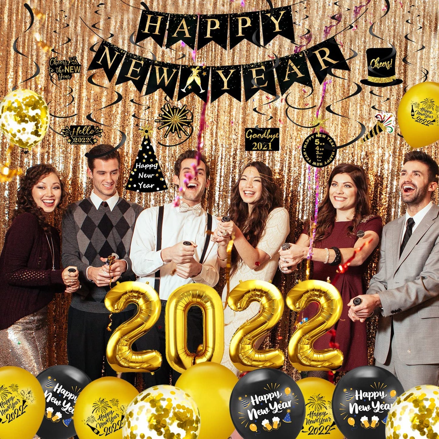iZoeL New Years Eve Party Decorations 2022, 13pcs Black Gold Happy New Year Banner, 2022 Balloons, 10pcs Happy New Year Hanging Swirl, 16pcs Balloons for New Year Decorations