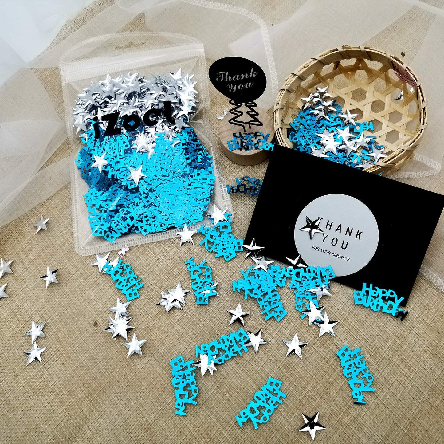 iZoeL Table Confetti Bag 30g incl. Blue Happy Birthday Confetti (240pcs) Silver Star Confetti Sequin(350pcs) for Boys Girls Birthday Party Decoration