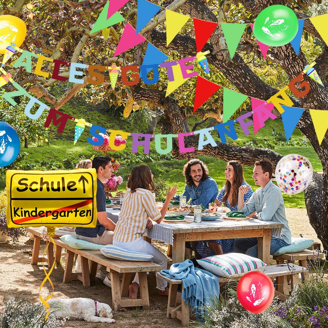 iZoeL Schuleinführung Schulanfang Einschulung Deko Alles Gute Zum Schulanfang Girlande + 10m Wimpelkette + Folienballon + 15 Luftballon + 123 ABC Konfetti für Junge Mädchen