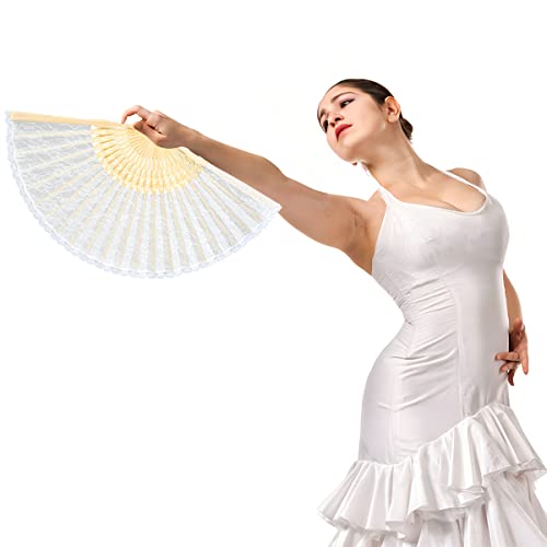 iZoeL Handfächer Hochzeitsfächer Spitze Fächer,Brautfächer Fächer Hochzeit Faltbaren Fächer Tanzfächer mit Leinen Geschenktüte für Hochzeit Fasching Party（Weiß）