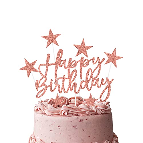 iZoeL Tortendeko Rosegold 2set Happy Birthday 20pcs Sterne Cake Topper Kuchendeko Rosa Gold Geburtstag Dekoration