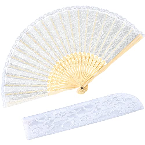 iZoeL Handfächer Hochzeitsfächer Spitze Fächer,Brautfächer Fächer Hochzeit Faltbaren Fächer Tanzfächer mit Leinen Geschenktüte für Hochzeit Fasching Party（Weiß）