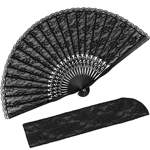 iZoeL Handfächer Hochzeitsfächer Spitze Fächer,Brautfächer Fächer Hochzeit Faltbaren Fächer Tanzfächer mit Leinen Geschenktüte für Hochzeit Fasching Party(Schwarz)