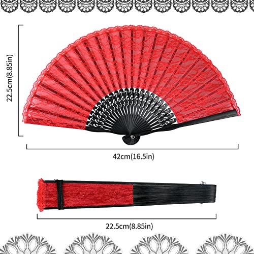 iZoeL Handfächer Hochzeitsfächer Spitze Fächer,Brautfächer Fächer Hochzeit Faltbaren Fächer Tanzfächer mit Leinen Geschenktüte für Hochzeit Fasching Party（Rot）