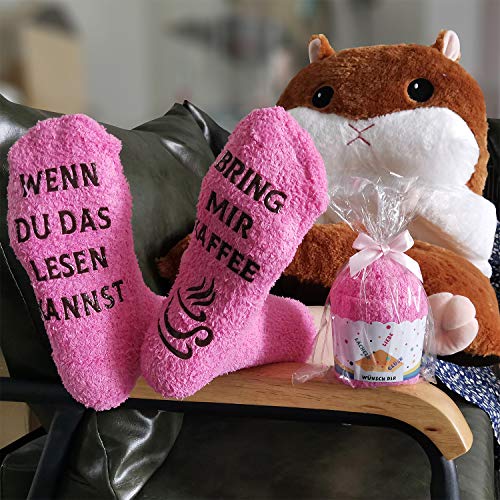 iZoeL Flauschsocken damen Lustige Socken wenn du das lesen kannst bring mir Schokolade Kaffee Witzige Kuschelsocken Cupcake Socken