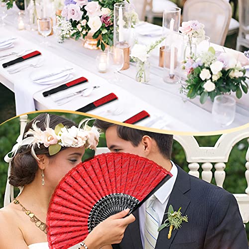 iZoeL Handfächer Hochzeitsfächer Spitze Fächer,Brautfächer Fächer Hochzeit Faltbaren Fächer Tanzfächer mit Leinen Geschenktüte für Hochzeit Fasching Party（Rot）
