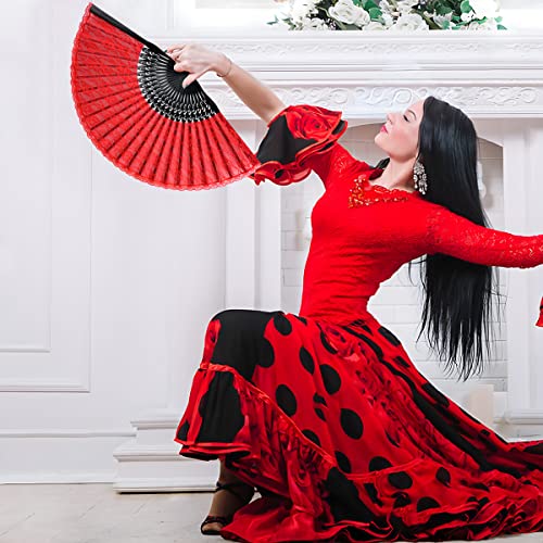 iZoeL Handfächer Hochzeitsfächer Spitze Fächer,Brautfächer Fächer Hochzeit Faltbaren Fächer Tanzfächer mit Leinen Geschenktüte für Hochzeit Fasching Party（Rot）