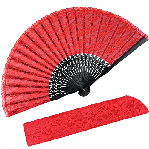 iZoeL Handfächer Hochzeitsfächer Spitze Fächer,Brautfächer Fächer Hochzeit Faltbaren Fächer Tanzfächer mit Leinen Geschenktüte für Hochzeit Fasching Party（Rot）