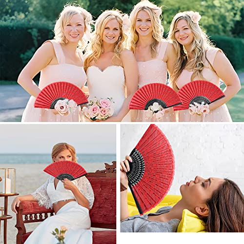 iZoeL Handfächer Hochzeitsfächer Spitze Fächer,Brautfächer Fächer Hochzeit Faltbaren Fächer Tanzfächer mit Leinen Geschenktüte für Hochzeit Fasching Party（Rot）