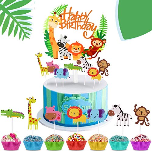 iZoeL Geburtstag Tortendeko 42 Stück Tier Cake Topper Dschungel Girlande für Kinder Junge Mädchen
