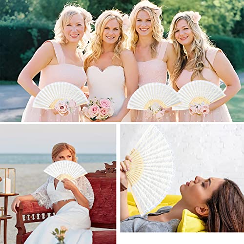 iZoeL Handfächer Hochzeitsfächer Spitze Fächer,Brautfächer Fächer Hochzeit Faltbaren Fächer Tanzfächer mit Leinen Geschenktüte für Hochzeit Fasching Party（Weiß）