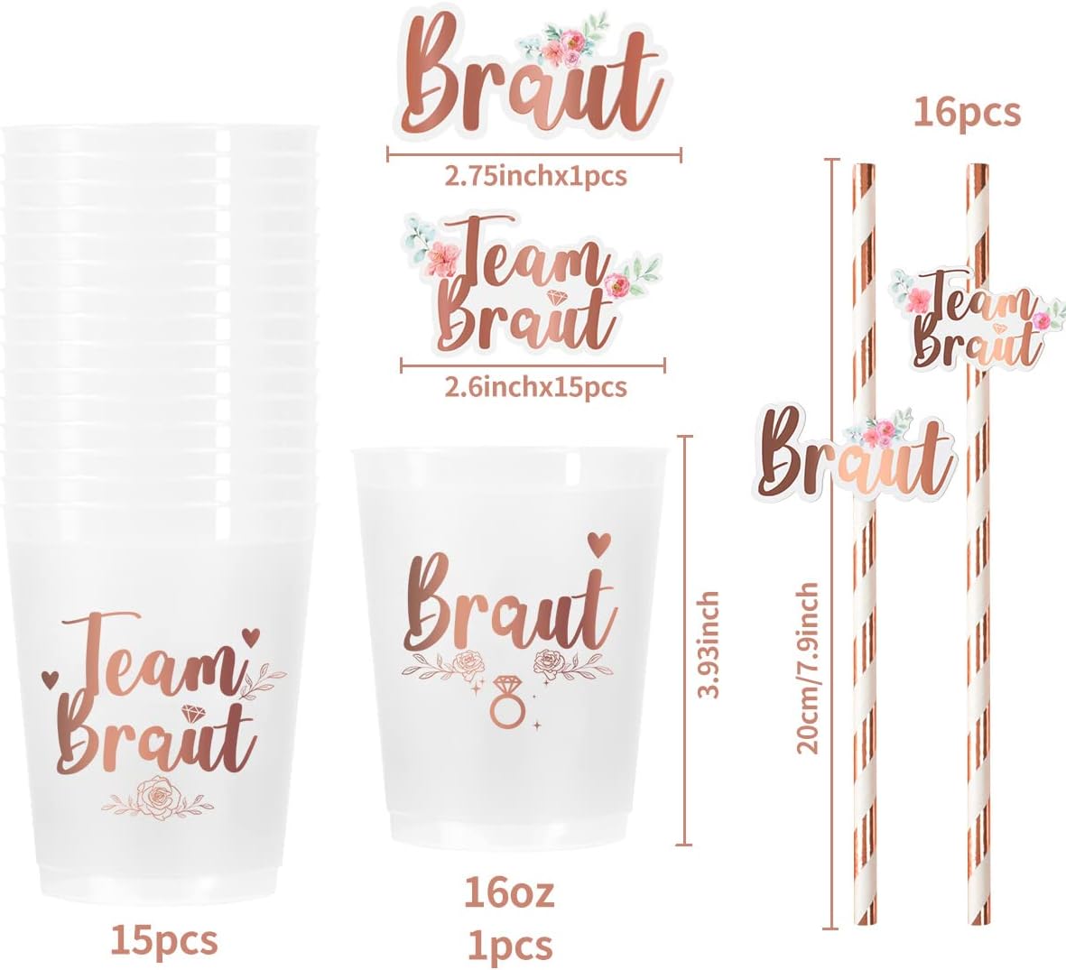 iZoeL 16Set JGA Becher Braut Team Tassen/Team Braut Strohhalme/Team Braut Aufkleber/JGA Braut Team Tassen set, Junggesellenabschied Frauen Deko Rosegold