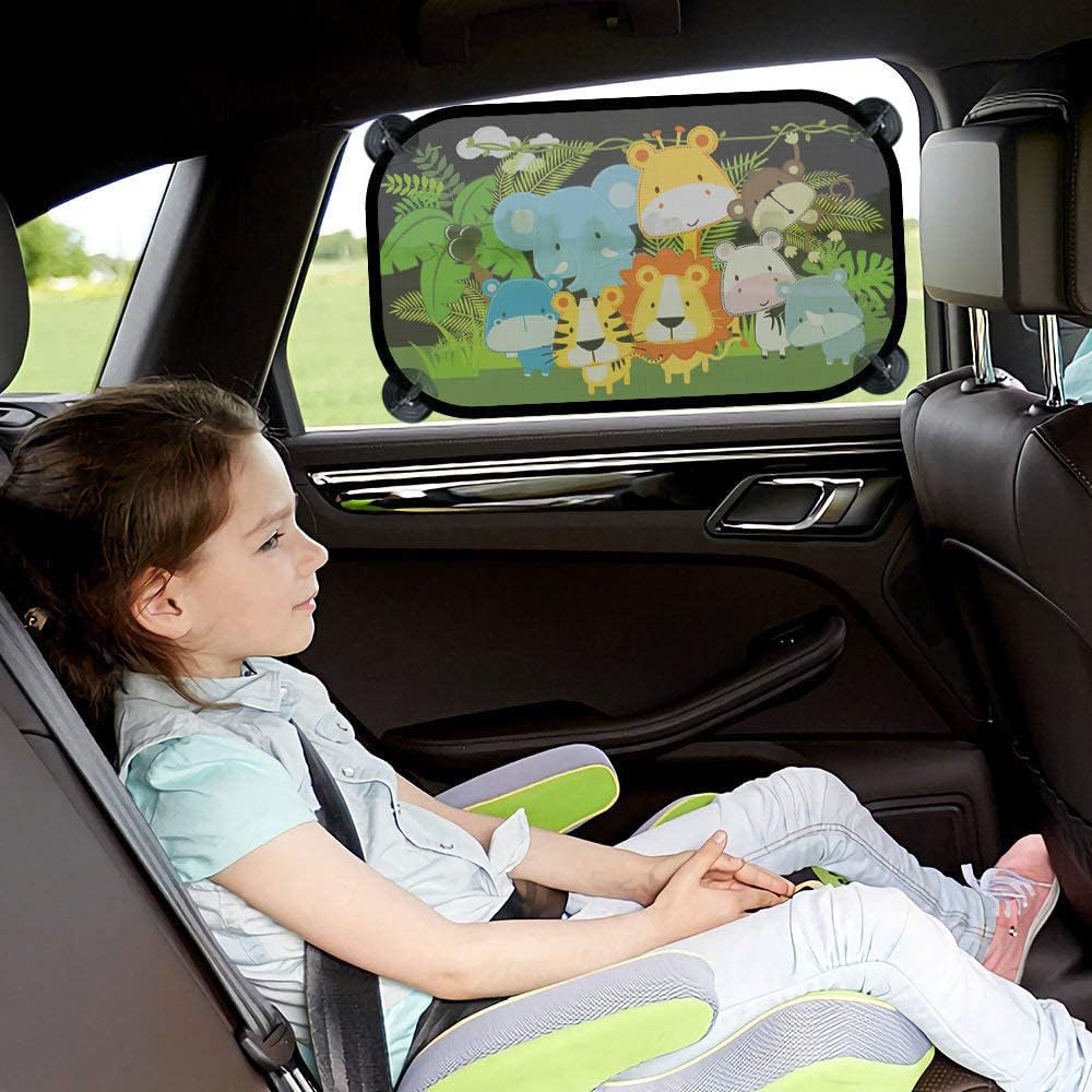 iZoeL Sonnenschutz Auto Baby mit UV Schutz, 2 Pack Sonnenblende Kinder mit 8 Saugnapf, Schatten Autofenster Seitenscheibe Motiv Tiere (Dschungel)
