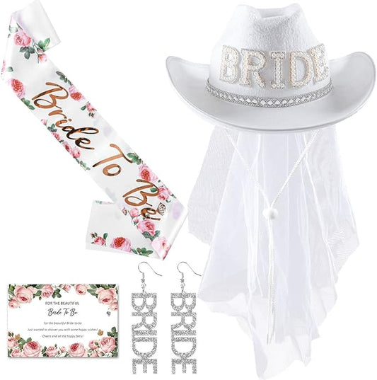 iZoeL Bride to be Hut JGA Brauthut Junggesellinnenabschied set Frauen,JGA Dekoset Brautmütze Bridehut Bride to be Schärpe Schleier Ohrringe Bride karte Bride Accessoires für Hochzeit Party(Weiß）