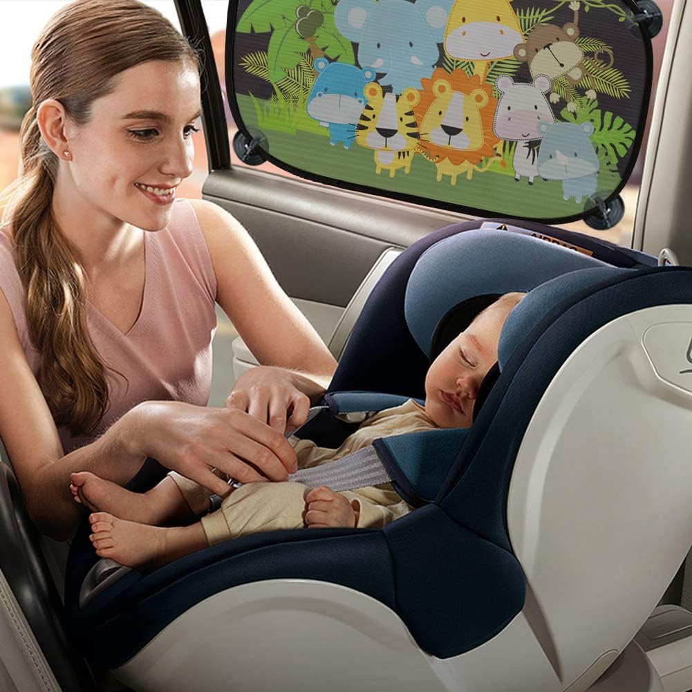 iZoeL Sonnenschutz Auto Baby mit UV Schutz, 2 Pack Sonnenblende Kinder mit 8 Saugnapf, Schatten Autofenster Seitenscheibe Motiv Tiere (Dschungel)