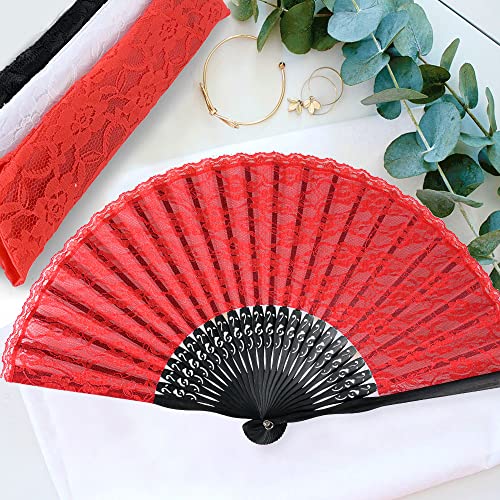 iZoeL Handfächer Hochzeitsfächer Spitze Fächer,Brautfächer Fächer Hochzeit Faltbaren Fächer Tanzfächer mit Leinen Geschenktüte für Hochzeit Fasching Party（Rot）