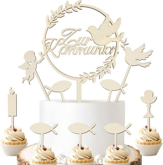 iZoeL Tortendeko Kommunion Holz Kuchendeko Cake Topper Taube Fisch Konfirmation Torten Topper Junge Mädchen, Meine Erstkommunion Kuchendeko - Cake Topper Taufe Erinnerung Kommunion（10 Stück）