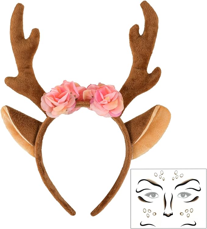 iZoeL Karneval Kostüm Damen Mädchen, Haarreif Reh Geweih Hörner mit Blumen + Reh Gesichtstattoo, Damen Kinder Fasching Kopfschmuck Haarreifen