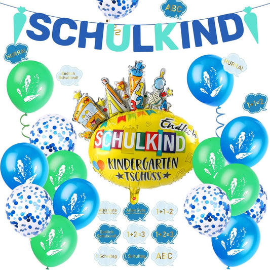 iZoeL Einschulung Deko Jungen SCHULKIND Zuckertüte Girlande + Einschulung Folienballon + 15 Schulanfang Luftballon + 14 Deko Konfetti Schuleinführung Einschulungsfeier Dekoration