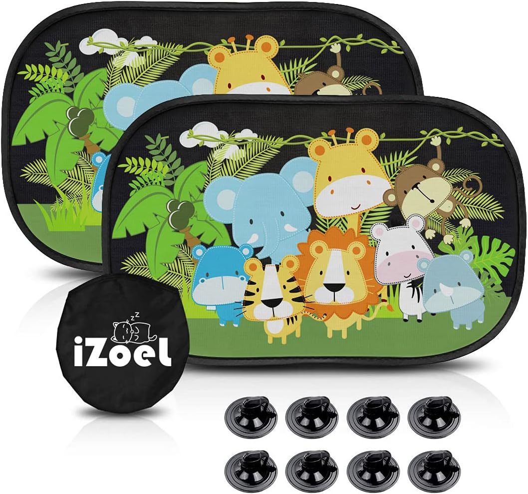 iZoeL Sonnenschutz Auto Baby mit UV Schutz, 2 Pack Sonnenblende Kinder mit 8 Saugnapf, Schatten Autofenster Seitenscheibe Motiv Tiere (Dschungel)