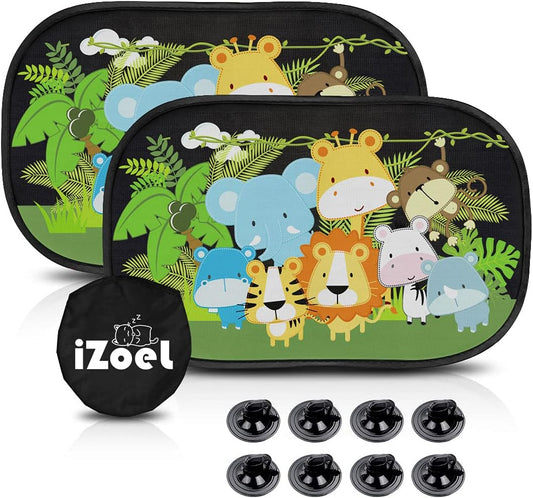 iZoeL Sonnenschutz Auto Baby mit UV Schutz, 2 Pack Sonnenblende Kinder mit 8 Saugnapf, Schatten Autofenster Seitenscheibe Motiv Tiere (Dschungel)