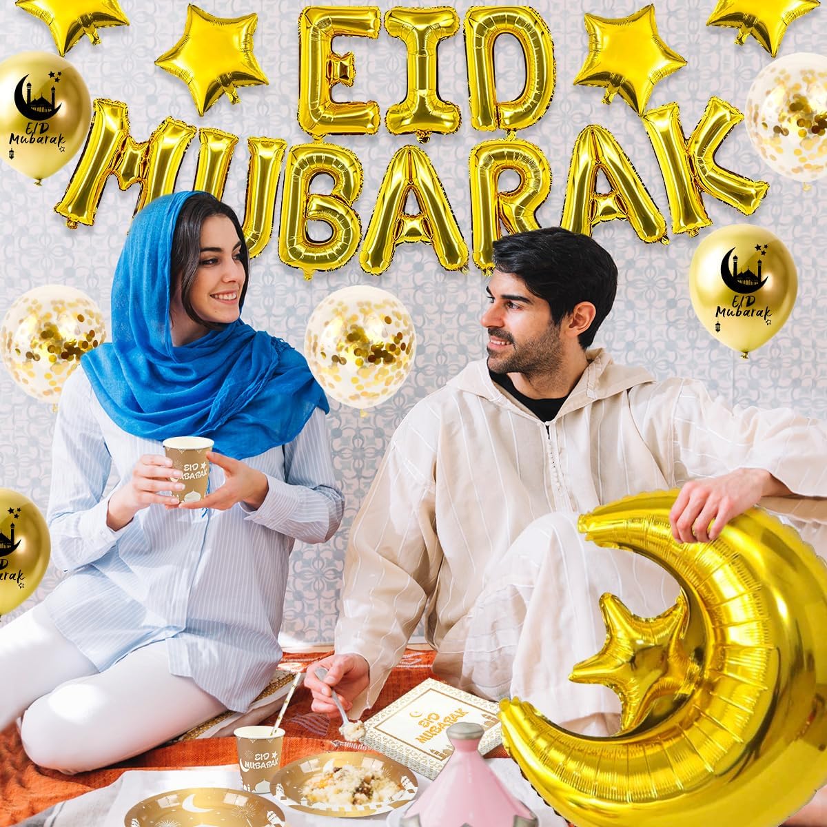iZoeL Eid Mubarak Dekoration, Eid Partydeko Partygeschirr Partyteller Becher Strohhalme Eid Mubarak Girlande Luftballons Mond-Sterne Folienballon mit Eid Mubarak Karten (Weißes Gold)