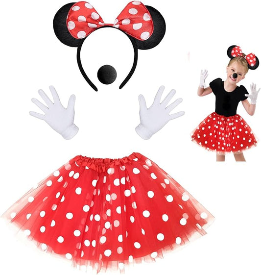 iZoeL Mädchen Maus Mouse Kostüm Rot Tutu mit weiß Gepunktet + Haarreifen mit Maus Ohren + Handschuhe + Nase für Halloween Birthday Fasching Karneval Motto Cosplay Party